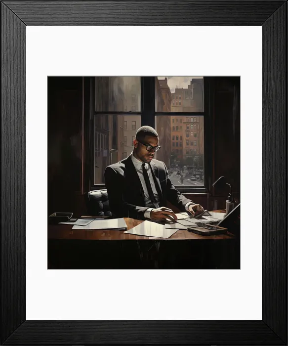 Framed Print : AI IMAGE - Portrait of Malcolm X, 1960s, (2023). Creator: Heritage Images Framed Print : AI IMAGE - Portrait of Malcolm X, 1960s, (2023). Creator: Heritage Images