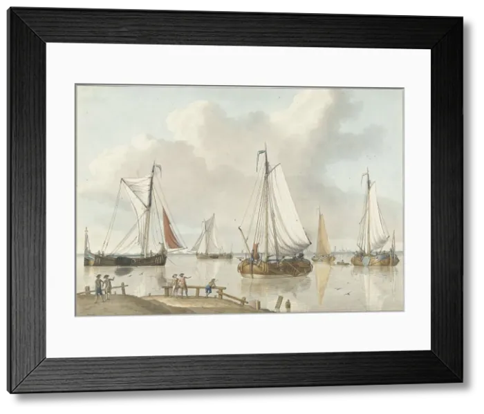 Framed Print : Sailing ships, on the side are five men, 1748-1805. Creator: Jan Arends Framed Print : Sailing ships, on the side are five men, 1748-1805. Creator: Jan Arends