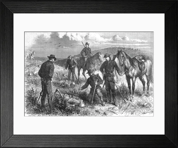 Framed Print : Discovery of the skeletons of soldiers who had been surprised and killed by Indians, June 1867. Creator: Frederick Whymper Framed Print : Discovery of the skeletons of soldiers who had been surprised and killed by Indians, June 1867. Creator: Frederick Whymper