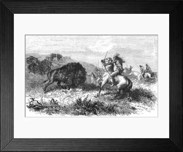 Framed Print : Indians hunting Bison; Ocean to Ocean, the Pacific railroad, 1875. Creator: Frederick Whymper Framed Print : Indians hunting Bison; Ocean to Ocean, the Pacific railroad, 1875. Creator: Frederick Whymper