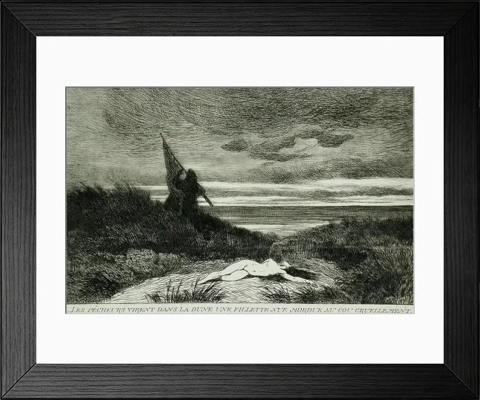 Framed Print : Le Werwolf. Inscription: Les pêcheurs virent dans la dune une fillette nue mordue au cou... 1867. Creator: Félicien Rops Framed Print : Le Werwolf. Inscription: Les pêcheurs virent dans la dune une fillette nue mordue au cou... 1867. Creator: Félicien Rops