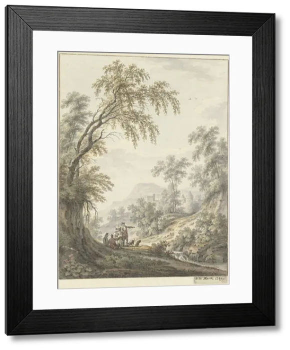 Framed Print : Landscape with a waterfall and a castle in the distance, 1769. Creator: Johann Heinrich Muntz Framed Print : Landscape with a waterfall and a castle in the distance, 1769. Creator: Johann Heinrich Muntz