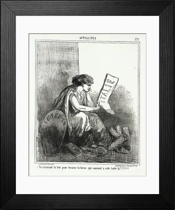 Framed Print : Italie -Europe Se creusant la tête pour trouver la forme qui convient a cette botte là??, 1867. Creator: Cham Framed Print : Italie -Europe Se creusant la tête pour trouver la forme qui convient a cette botte là??, 1867. Creator: Cham