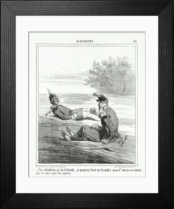 Framed Print : Fais attention, si tu t'étends, je pourrai bien m'étendre aussi! On ne se couche pas les... 1864. Creator: Cham Framed Print : Fais attention, si tu t'étends, je pourrai bien m'étendre aussi! On ne se couche pas les... 1864. Creator: Cham