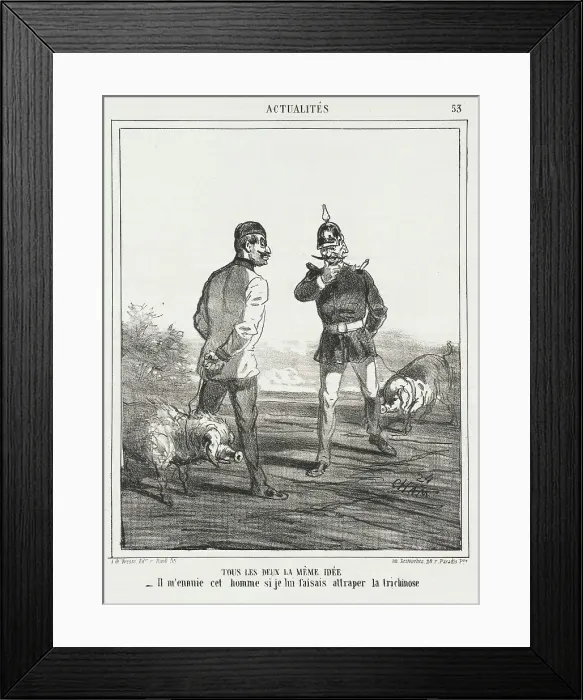 Framed Print : Tous les deux la même idée. -Il m'ennuie cet homme se je lui faisais attraper la trichinose?, 1866. Creator: Cham Framed Print : Tous les deux la même idée. -Il m'ennuie cet homme se je lui faisais attraper la trichinose?, 1866. Creator: Cham