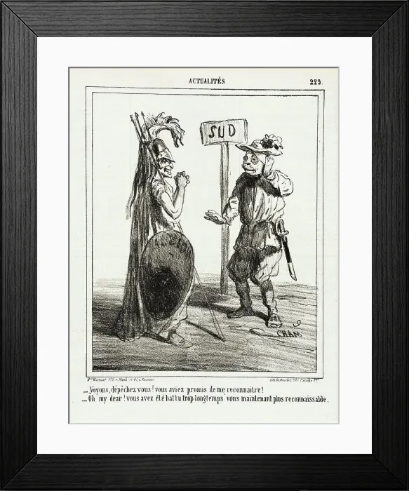 Framed Print : Voyons, Dépêchez vous! vous aviez promis de me reconnaitre! -Oh my dear! Vous avez été battu...1865 Creator: Cham Framed Print : Voyons, Dépêchez vous! vous aviez promis de me reconnaitre! -Oh my dear! Vous avez été battu...1865 Creator: Cham