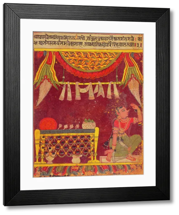 Framed Print : Expectant Heroine (Vasasajja), Nayika Painting Appended to a Ragamala (Garland of Melodies), c1650. Creator: Unknown Framed Print : Expectant Heroine (Vasasajja), Nayika Painting Appended to a Ragamala (Garland of Melodies), c1650. Creator: Unknown