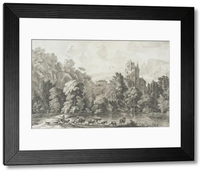 Framed Print : Landscape with Castle and Shepherd Tending Flock, 1704. Creator: Cornelis Ploos van Amstel Framed Print : Landscape with Castle and Shepherd Tending Flock, 1704. Creator: Cornelis Ploos van Amstel