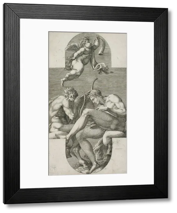 Framed Print : Apollo, Pan and a Putto Blowing a Horn, 1560s. Creator: Giorgio Ghisi Framed Print : Apollo, Pan and a Putto Blowing a Horn, 1560s. Creator: Giorgio Ghisi