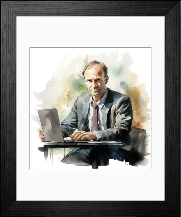 Framed Print : AI IMAGE - Portrait of Tim Berners-Lee sitting with a laptop, 2010s, (2023). Creator: Heritage Images Framed Print : AI IMAGE - Portrait of Tim Berners-Lee sitting with a laptop, 2010s, (2023). Creator: Heritage Images