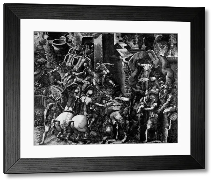 Framed Print : The Fall of Troy and the Escape of Aeneas, mid-1540s. Creator: Giorgio Ghisi Framed Print : The Fall of Troy and the Escape of Aeneas, mid-1540s. Creator: Giorgio Ghisi