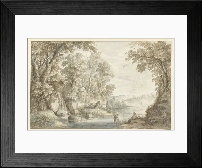 Framed Print : Two Anglers in a Wooded Landscape with a Waterfall, 1628. Creator: Maerten de Cock Framed Print : Two Anglers in a Wooded Landscape with a Waterfall, 1628. Creator: Maerten de Cock