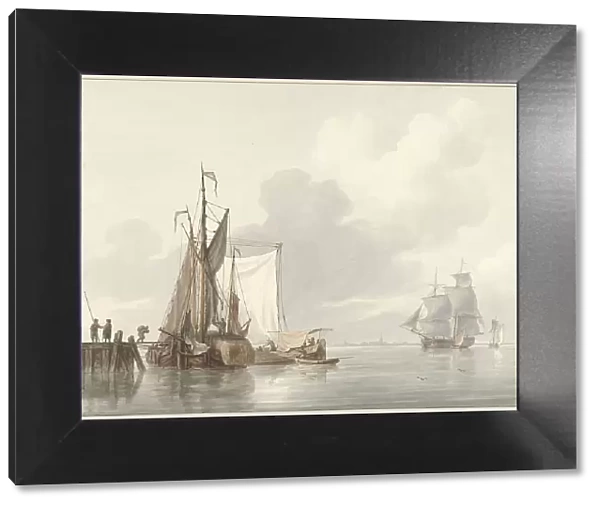 River view with moored ships, 1780-1848. Creator: Martinus Schouman