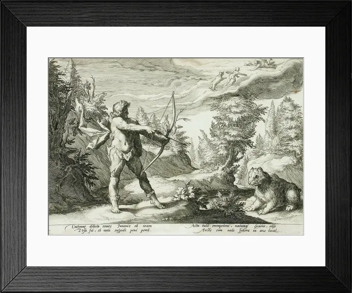 Framed Print : Arcas Preparing to Kill his Mother, Changed into a Bear, published 1590. Creator: Hendrik Goltzius Framed Print : Arcas Preparing to Kill his Mother, Changed into a Bear, published 1590. Creator: Hendrik Goltzius