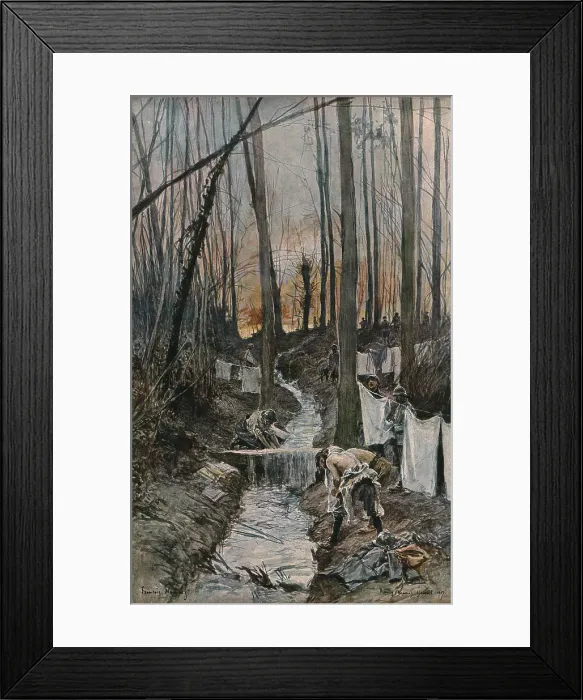 Framed Print : L'offensive Francaise d'avril-mai 1917; Dans le bois de Roucy (Aisne): la toilette du... 1917. Creator: Francois Flameng Framed Print : L'offensive Francaise d'avril-mai 1917; Dans le bois de Roucy (Aisne): la toilette du... 1917. Creator: Francois Flameng