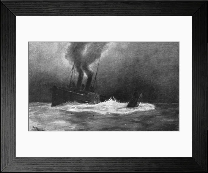 Framed Print : At sea; The English paddle steamer Monas-Queen crushes under its port... 1917. Creator: Henri Rudaux. At sea; The English paddle steamer Monas-Queen crushes under its port... 1917. Creator: Henri Rudaux Framed Print : At sea; The English paddle steamer Monas-Queen crushes under its port... 1917. Creator: Henri Rudaux. At sea; The English paddle steamer Monas-Queen crushes under its port... 1917. Creator: Henri Rudaux