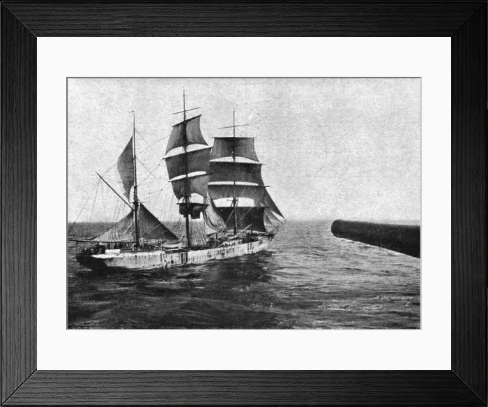 Framed Print : At sea; A sailboat is boarding: during the whole visit, the ship remains under the cannon... 1917. Creator: Unknown