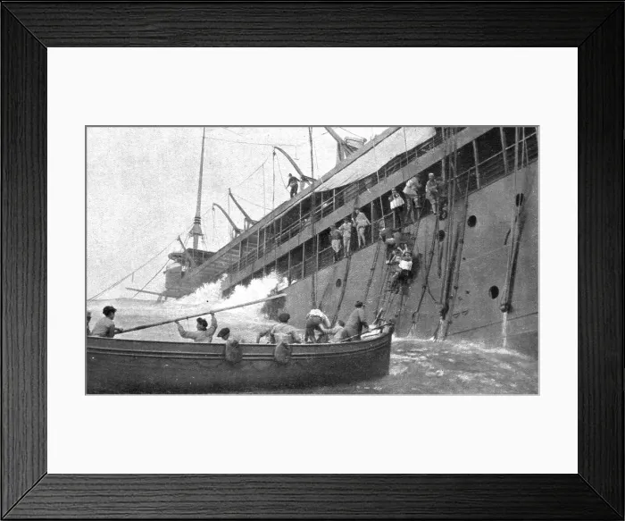 Framed Print : At Sea; After the Sontay was torpedoed on April 16, 1917, at noon: the last passenger... 1917. Creator: Unknown. At Sea; After the Sontay was torpedoed on April 16, 1917, at noon: the last passenger... 1917. Creator: Unknown