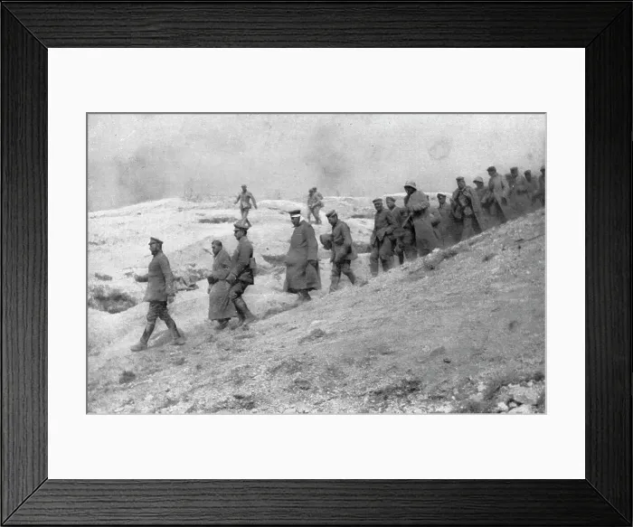Framed Print : L'Attaque du Mont-Pertois; Prisonniers descendant les pentes du Pertois: au sommet... 1917. Creator: Unknown Framed Print : L'Attaque du Mont-Pertois; Prisonniers descendant les pentes du Pertois: au sommet... 1917. Creator: Unknown