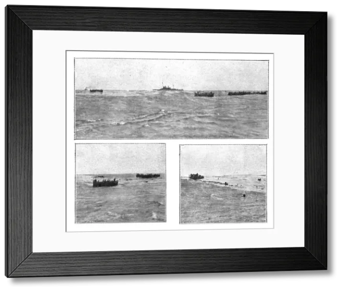 Framed Print : At sea; Amid the lifeboatds, rafts and swimmers, a French gunboat arrives... 1917. Creator: Unknown Framed Print : At sea; Amid the lifeboatds, rafts and swimmers, a French gunboat arrives... 1917. Creator: Unknown