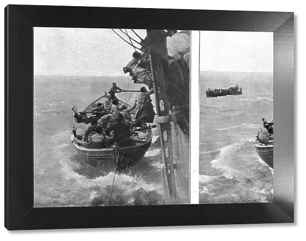 At sea; Shipwreck survivors hoist themselves aboard the lifeboat, 1917. Creator: Unknown