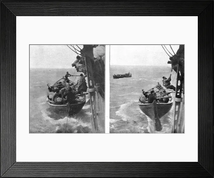 Framed Print : At sea; Shipwreck survivors hoist themselves aboard the lifeboat, 1917. Creator: Unknown Framed Print : At sea; Shipwreck survivors hoist themselves aboard the lifeboat, 1917. Creator: Unknown