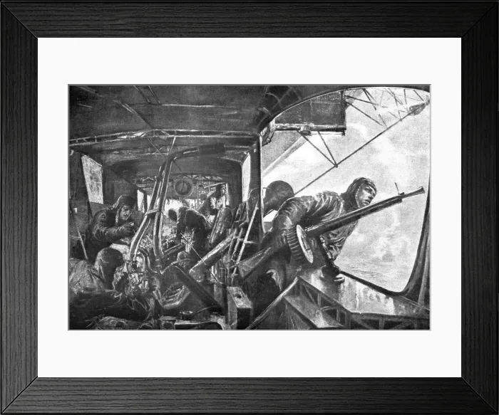 Framed Print : The German Air Fleet; On board a zeppelin: in the rear, under attack by Allied planes... 1917. Creator: Unknown Framed Print : The German Air Fleet; On board a zeppelin: in the rear, under attack by Allied planes... 1917. Creator: Unknown