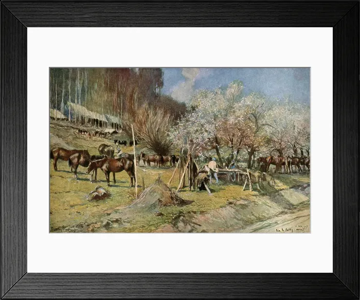 Framed Print : Un campement de cavalerie pres de Vailly sous les pommiers en fleurs, 1917. Creator: Francois Flameng Framed Print : Un campement de cavalerie pres de Vailly sous les pommiers en fleurs, 1917. Creator: Francois Flameng
