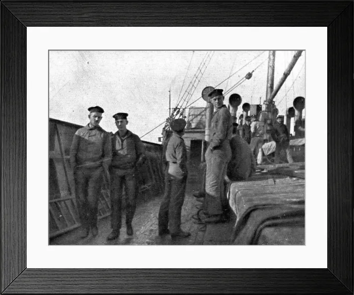 Framed Print : A torpedoing immediately avenged; Prisoners of the UC-38 aboard transport... 1917. Creator: Unknown Framed Print : A torpedoing immediately avenged; Prisoners of the UC-38 aboard transport... 1917. Creator: Unknown