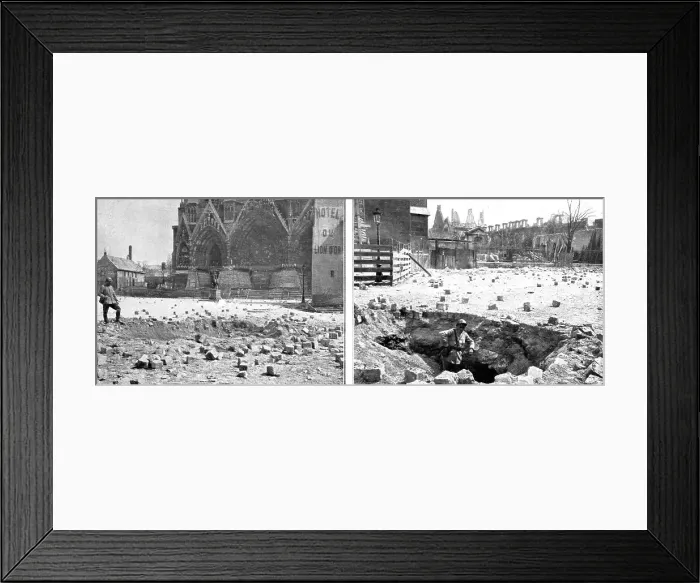 Framed Print : La destruction methodique de Reims; Le sol de la place du Parvis-Notre-Dame, creve par... 1917. Creator: Unknown Framed Print : La destruction methodique de Reims; Le sol de la place du Parvis-Notre-Dame, creve par... 1917. Creator: Unknown