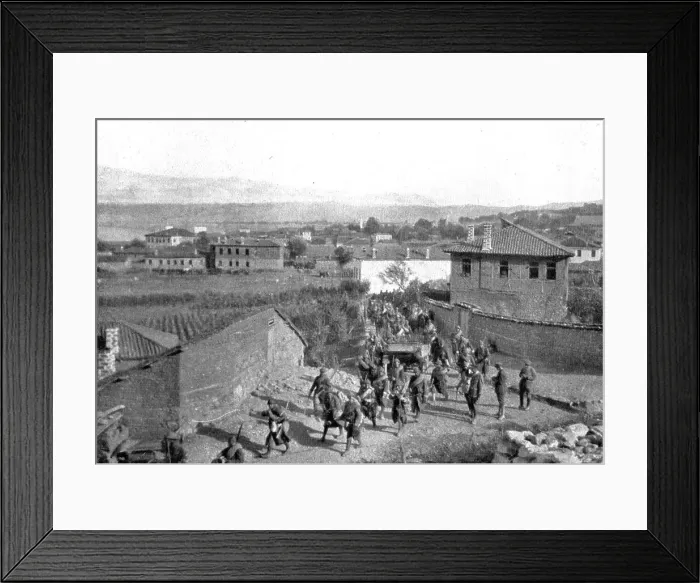 Framed Print : On the Eastern Front; Our Zouaves cross Pogradec, at the southern end of Lake Ohrid... 1917. Creator: Unknown Framed Print : On the Eastern Front; Our Zouaves cross Pogradec, at the southern end of Lake Ohrid... 1917. Creator: Unknown