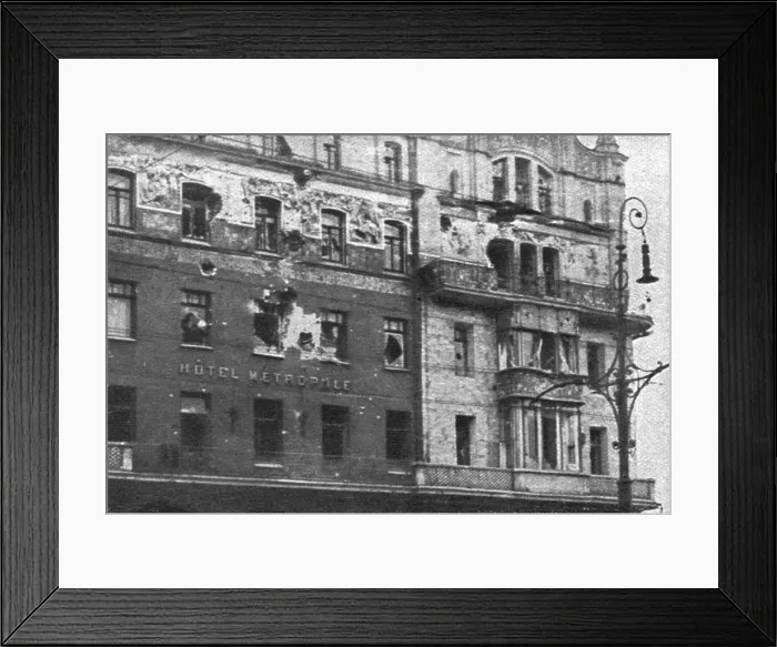 Framed Print : In Soviet Russia; Facade of the Hotel Metropole, in Moscow, cannoned and rifled...1917. Creator: Unknown Framed Print : In Soviet Russia; Facade of the Hotel Metropole, in Moscow, cannoned and rifled...1917. Creator: Unknown