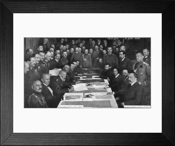 Framed Print : Dissolution of the Eastern Front; Signing the armistice of Brest-Litovsk.. 1917. Creator: Unknown Framed Print : Dissolution of the Eastern Front; Signing the armistice of Brest-Litovsk.. 1917. Creator: Unknown