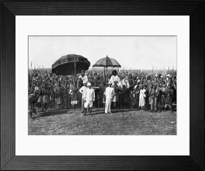 Framed Print : Distant Fronts, In Cameroon; Two sultans and their retinue bid farewell to Colonel Brisset... 1917. Creator: Unknown Framed Print : Distant Fronts, In Cameroon; Two sultans and their retinue bid farewell to Colonel Brisset... 1917. Creator: Unknown