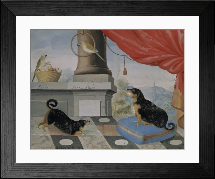 Framed Print : Two dogs and two parrots on a balcony, 1724. Creator: Philip Thelott Framed Print : Two dogs and two parrots on a balcony, 1724. Creator: Philip Thelott