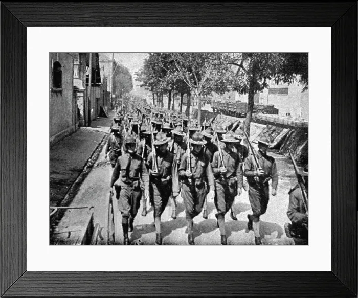 Framed Print : Les Premiers Contingents Americains en France; En route pour le cantonnement, 1917. Creator: Jean Clair-Guyot Framed Print : Les Premiers Contingents Americains en France; En route pour le cantonnement, 1917. Creator: Jean Clair-Guyot