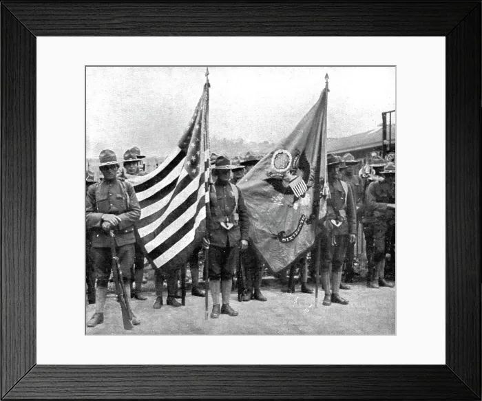 Framed Print : L'Installation en France de L'Avant-Garde Americaine; Les deux drapeaux du 16th... 1917. Creator: Jean Clair-Guyot Framed Print : L'Installation en France de L'Avant-Garde Americaine; Les deux drapeaux du 16th... 1917. Creator: Jean Clair-Guyot