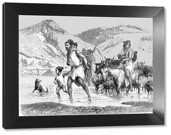 Kabyles fording a stream; The Natives of Algeria, the Kabyle, the Arab, the Moor, and the Jew, 1875 Creator: Unknown