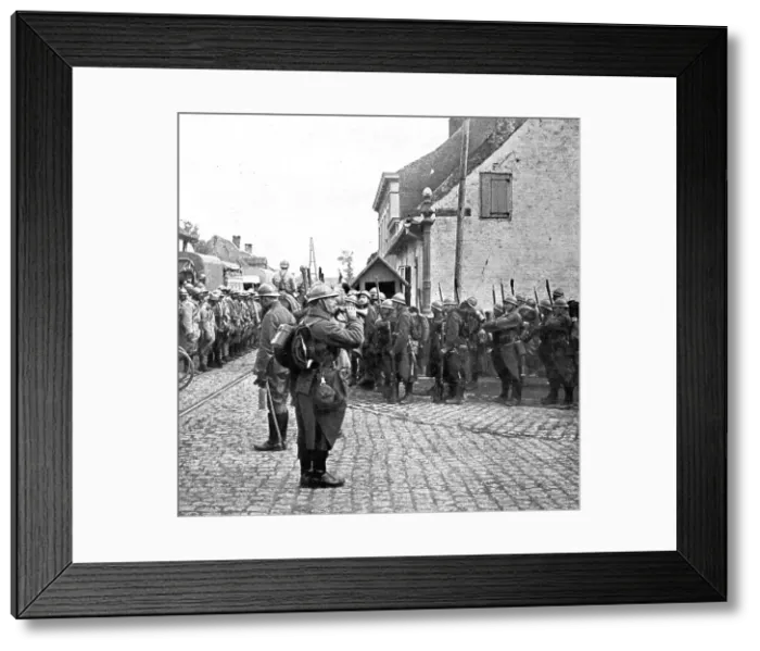 Framed Print : Operations in Flanders; Belgian troops pay honour to the flag of a French regiment... 1917. Creator: Unknown Framed Print : Operations in Flanders; Belgian troops pay honour to the flag of a French regiment... 1917. Creator: Unknown