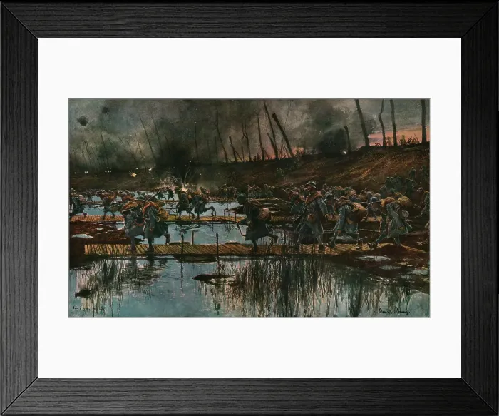 Framed Print : In Flanders; The Yser Offensive (1917); Cossing of the Yser canal by infantry...1917 Creator: Francois Flameng Framed Print : In Flanders; The Yser Offensive (1917); Cossing of the Yser canal by infantry...1917 Creator: Francois Flameng