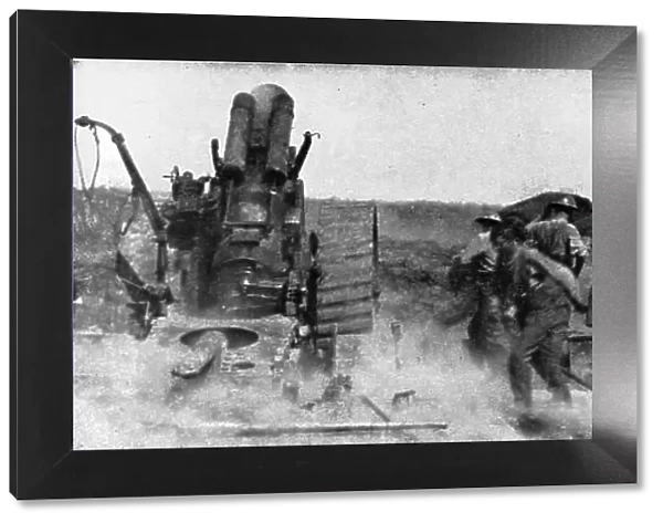 English Attack of July 31, 1917; A battery of large howitzers in action, , 1917. Creator: Unknown