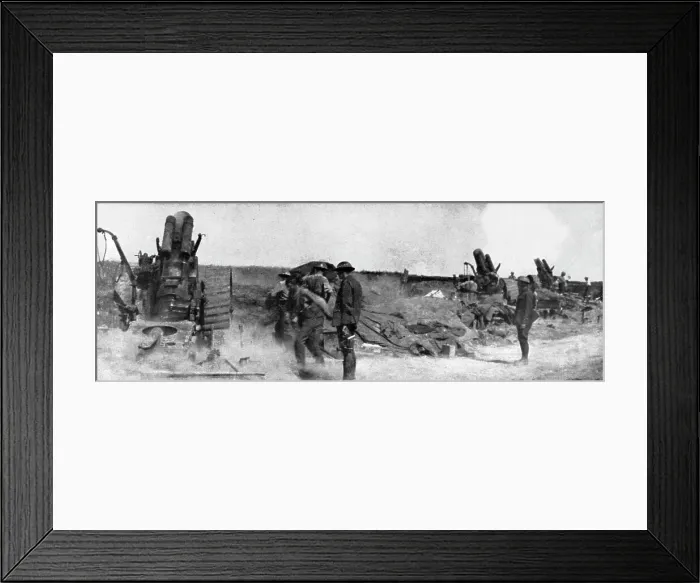 Framed Print : English Attack of July 31, 1917; A battery of large howitzers in action, , 1917. Creator: Unknown Framed Print : English Attack of July 31, 1917; A battery of large howitzers in action, , 1917. Creator: Unknown