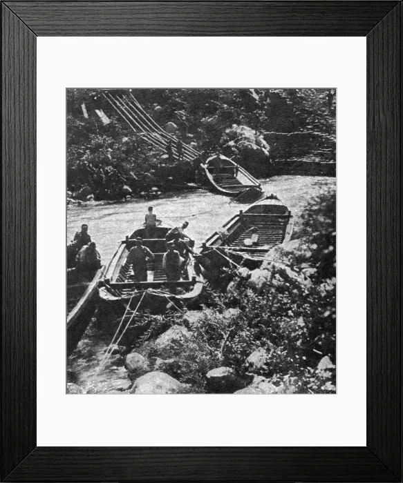 Framed Print : Italian Offensive of the Isonzo; boats are launched into the current slowed down by a dam, 1917. Creator: Unknown Framed Print : Italian Offensive of the Isonzo; boats are launched into the current slowed down by a dam, 1917. Creator: Unknown