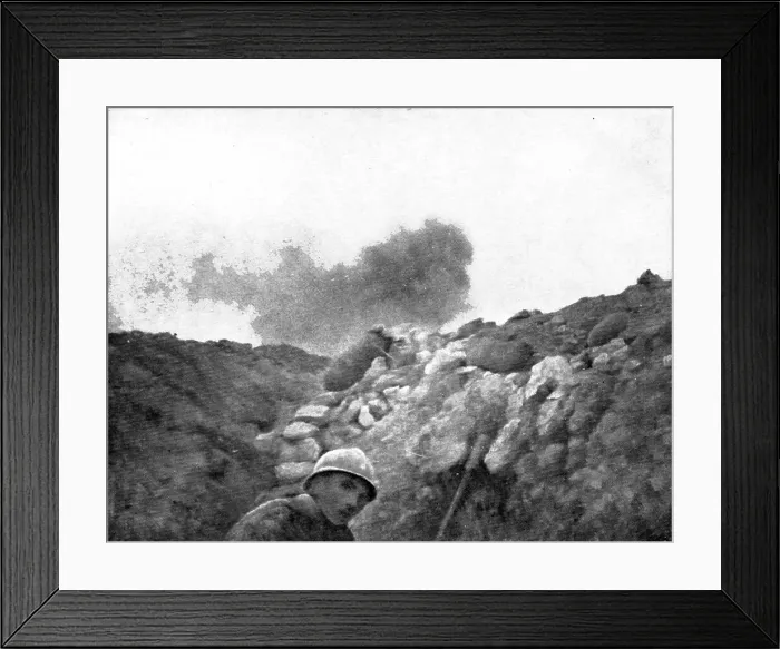 Framed Print : Life in the trenches in Champagne; A torpedo explodes at some distance... 1917. Creator: Unknown Framed Print : Life in the trenches in Champagne; A torpedo explodes at some distance... 1917. Creator: Unknown