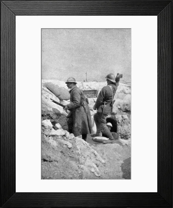 Framed Print : Life in the trenches in Champagne; The outpost re-arms immediately... 1917. Creator: Unknown Framed Print : Life in the trenches in Champagne; The outpost re-arms immediately... 1917. Creator: Unknown