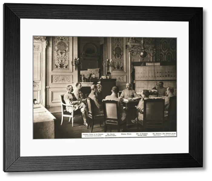 Framed Print : At Grand Quartier General; Daily briefing in the office of the General Commander-in-Chief.. 1917. Creator: Unknown Framed Print : At Grand Quartier General; Daily briefing in the office of the General Commander-in-Chief.. 1917. Creator: Unknown