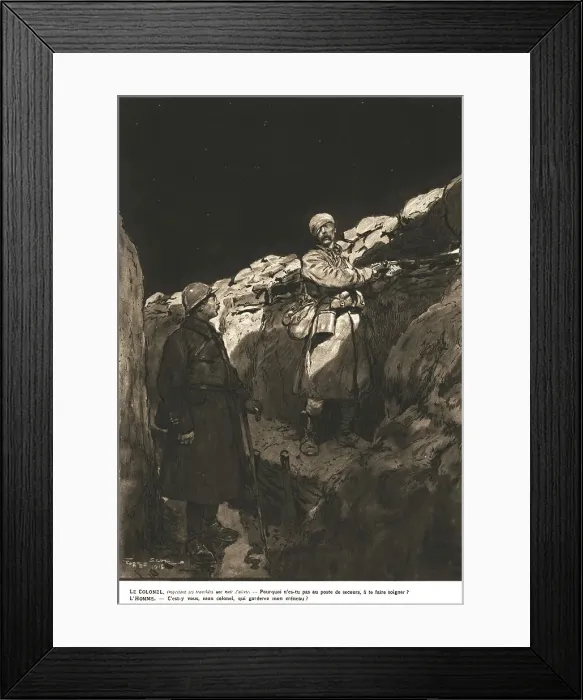 Framed Print : Sentry duty; The Colonel, inspecting his trenches during a night of high alert.. 1917. Creator: Unknown Framed Print : Sentry duty; The Colonel, inspecting his trenches during a night of high alert.. 1917. Creator: Unknown