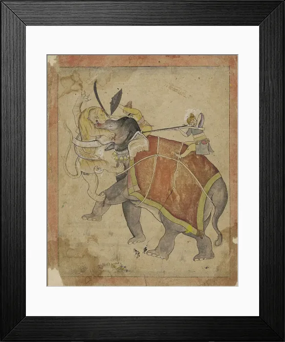 Framed Print : A Hunter Shooting a Tiger Attacking his Elephant, c.late 18th century. Creator: Unknown
