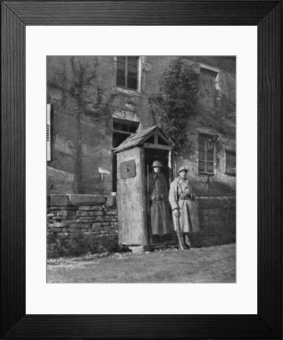 Framed Print : Hours of Victory; American sentry and French sentry at the entrance to a village... 1917. Creator: Unknown Framed Print : Hours of Victory; American sentry and French sentry at the entrance to a village... 1917. Creator: Unknown
