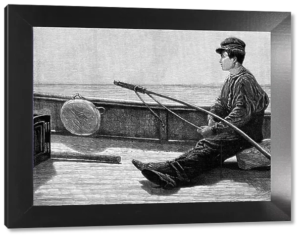 Eight Bells: the Boy at the Helm, by H. Macallum, in the exhibition at the Dudley Gallery, 1876. Creator: Unknown